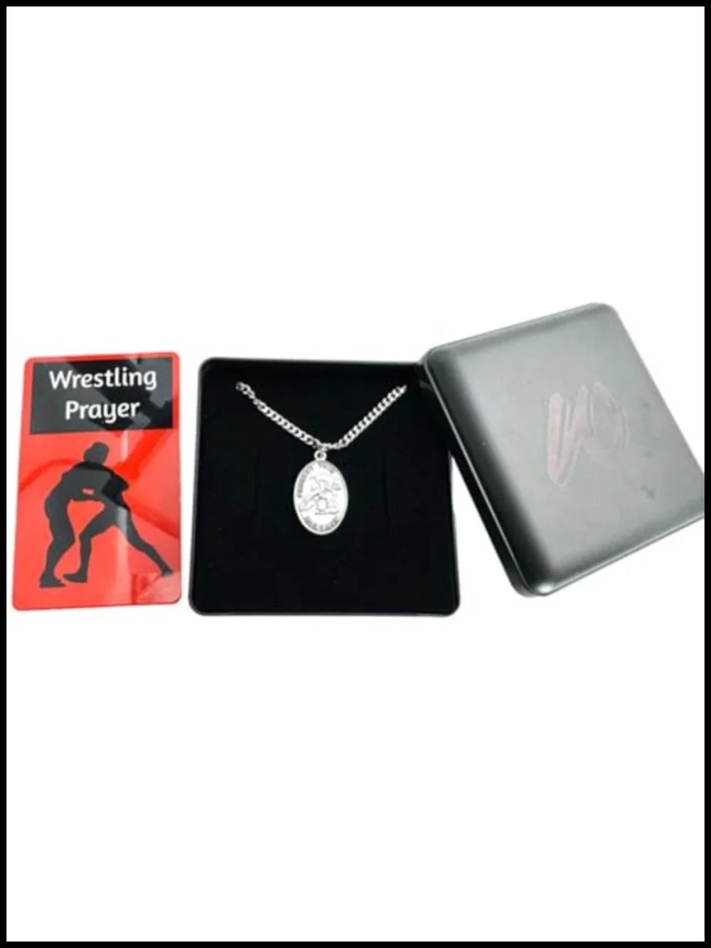 Wrestling Medal Pewter Pendant Necklace St Sebastian with Prayer Card